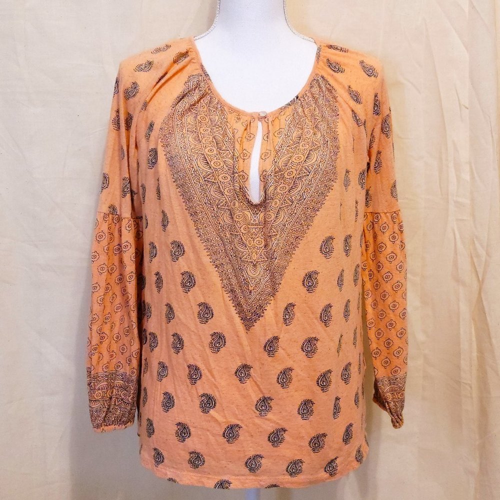 LUCKY BRAND Orange Paisley Floral Print Peasant Blouse